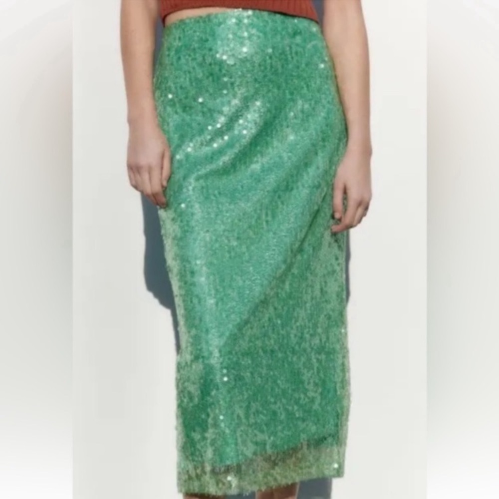 ZARA Sea Green Sequin Lace Pencil Skirt - Picture 2 of 16